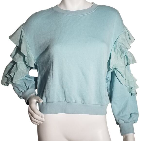 Alice + Olivia Womens Size Medium Sweater Crew Neck Blue Ruffle Pullover - Picture 1 of 7